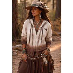 Western Boho Ombré Hoodie, Jacket Wolf Graphic, Southwestern, Tribal Large